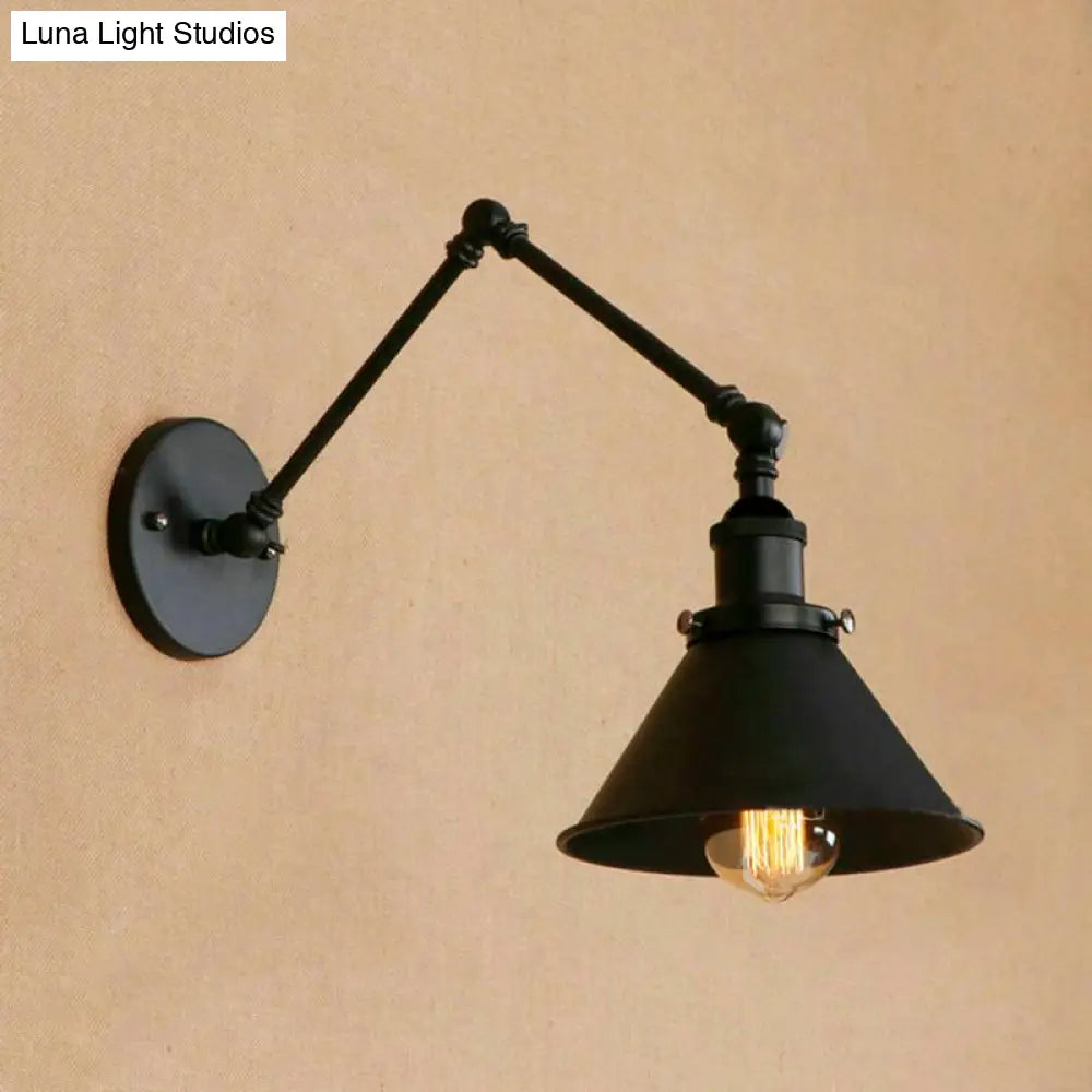 Industrial Metal Swing Arm Wall Sconce With Tapered Shade In Black - Perfect For Study Room