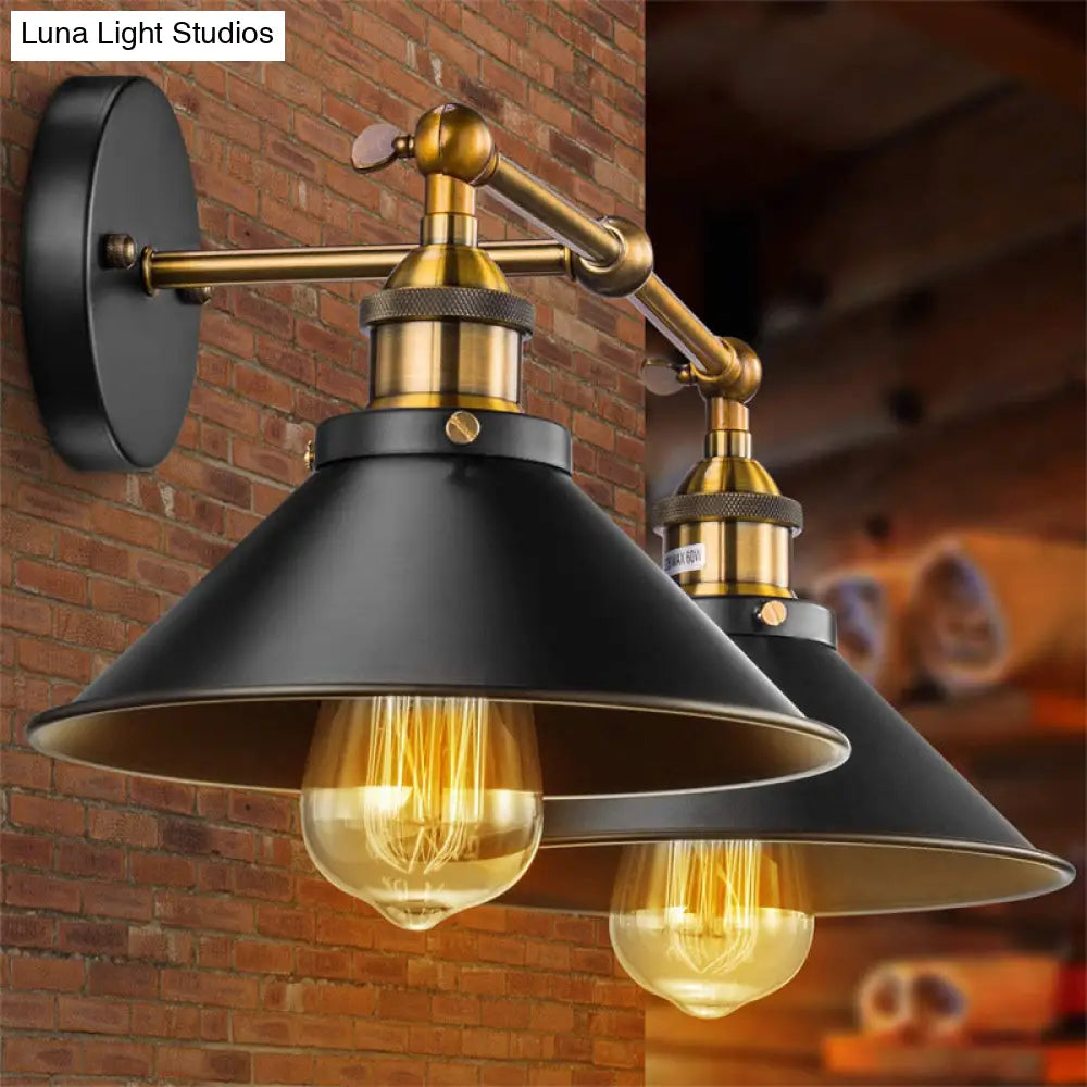 Industrial Metal Vanity Wall Light With Conical Shade - Retro Style 2-Light