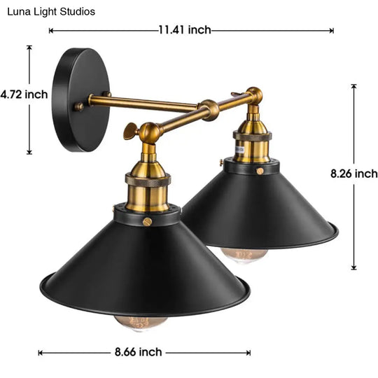 Industrial Metal Vanity Wall Light With Conical Shade - Retro Style 2-Light
