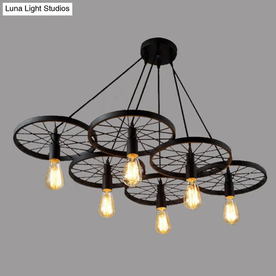 Industrial Black Metal Wagon Wheel Pendant Lamp For Restaurants 6 /