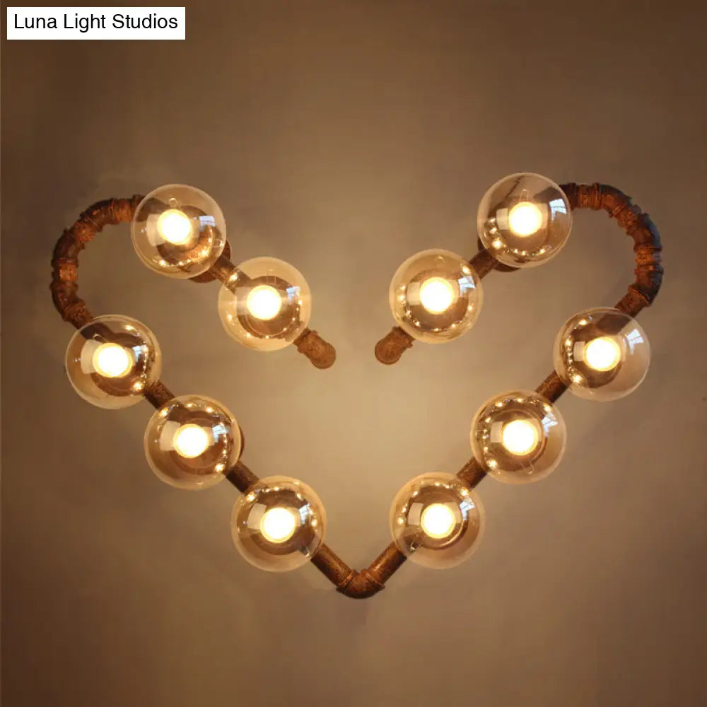 Industrial Metal Wall Sconce - Heart Shape Pipe Design With 10 Bulbs Rust Finish And Ball Clear