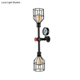 Industrial Metal Wall Sconce With 2 Bulbs Cage Shade And Gauge - Black Finish