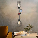 Industrial Metal Wall Sconce With 2 Bulbs Cage Shade And Gauge - Black Finish