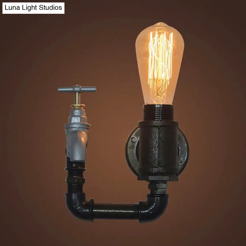 Industrial Metal Wall Sconce With Gauge/Faucet Decoration - Black 1-Light Mini Lighting For Living