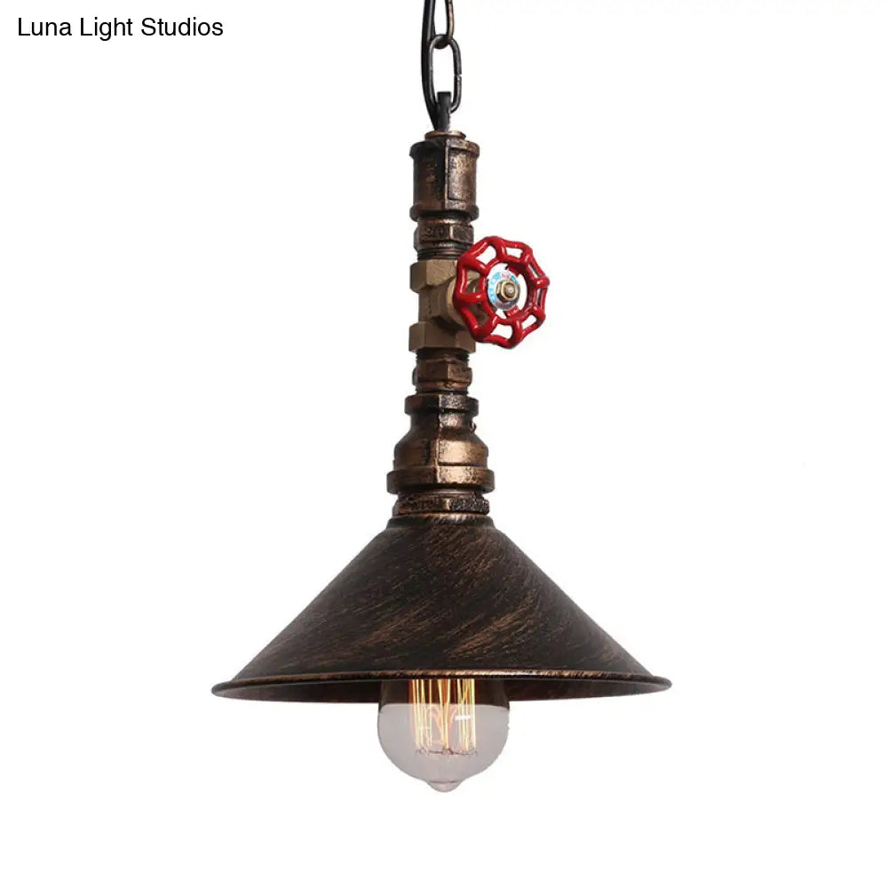 Industrial Metal Water Pipe And Valve Suspension Pendant - Black/Bronze Cone Shade