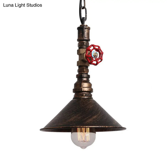 Industrial Metal Water Pipe And Valve Suspension Pendant - Black/Bronze Cone Shade
