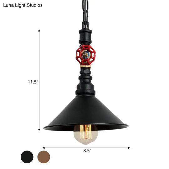 Industrial Black/Bronze Hanging Lamp With Water Pipe & Valve Suspension - Cone Shade Pendant 1 Light