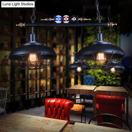 Industrial Metal Wire Frame Island Light With Barn Shade - Black Finish 2/3 Heads Ideal For Billiard