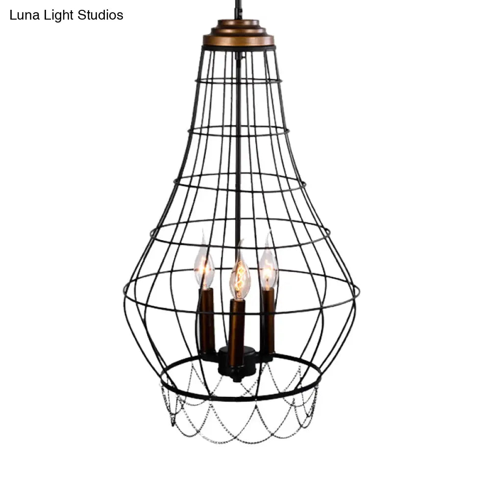 Industrial Black Finish Wire Guard Pendant Lamp With Metal Candle Design - Stylish 3-Light Balcony