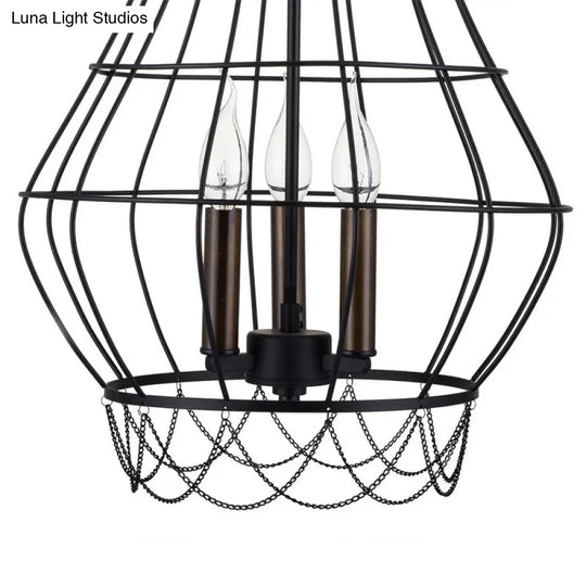 Industrial Metal Wire Guard Drop Light With 3 Black Finish Pendant Lights - Stylish Balcony Lamp