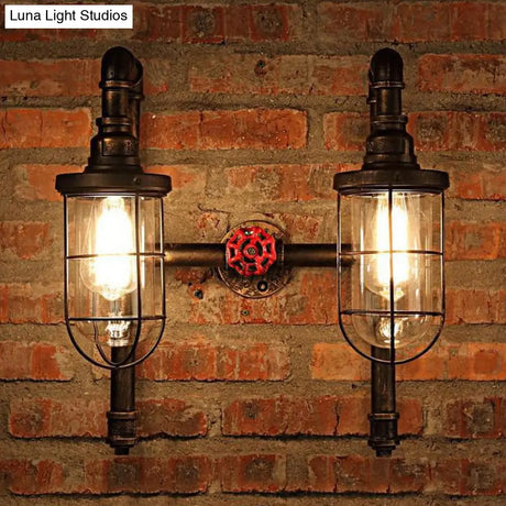 Industrial Metallic 2-Light Wall Sconce With Cage Shade And Red Valve - Black/Bronze Tubed Kitchen