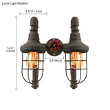 Industrial Metallic 2-Light Wall Sconce With Cage Shade And Red Valve - Black/Bronze Tubed Kitchen