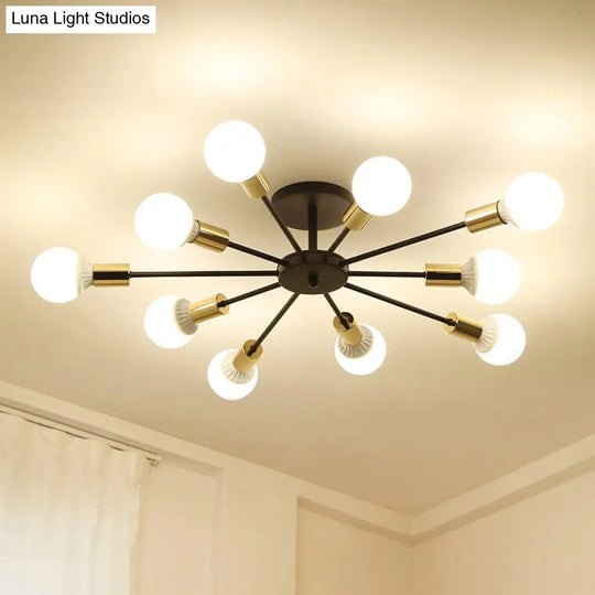 Industrial Metallic Semi Flush Light - Black Sputnik Design With 6/8 Exposed Bulbs Ceiling Mounted