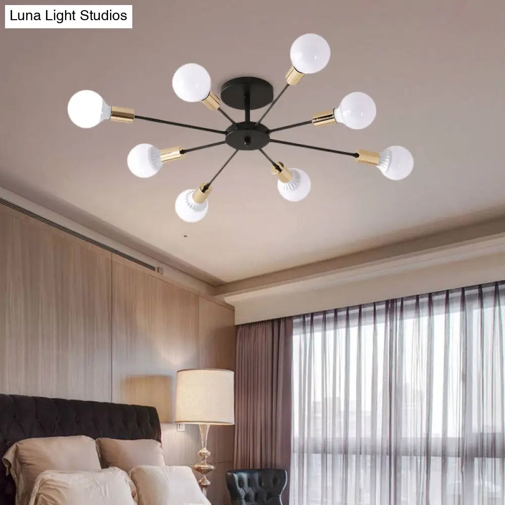 Industrial Metallic Semi Flush Light - Black Sputnik Design With 6/8 Exposed Bulbs Ceiling Mounted