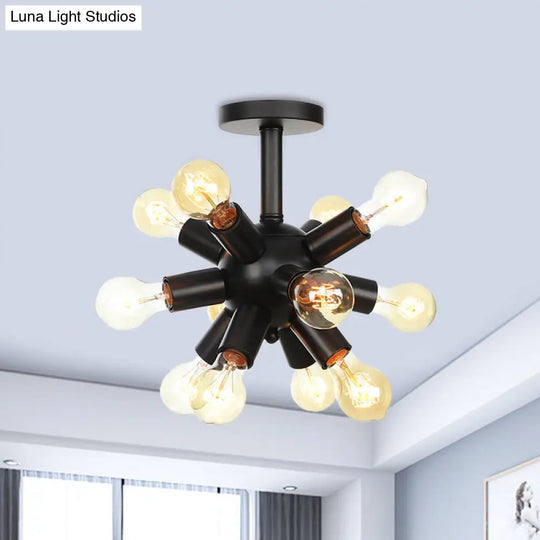 Industrial Metallic Sputnik Semi Flush Light Fixture - Stylish Black Coffee House Mount Lamp With