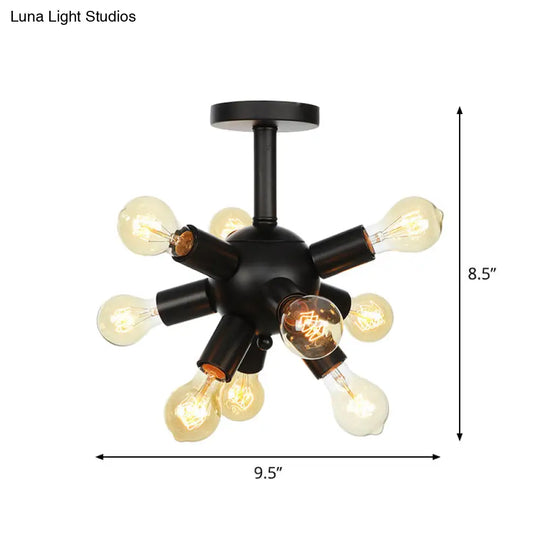 Industrial Metallic Sputnik Semi Flush Light Fixture - Stylish Black Coffee House Mount Lamp With