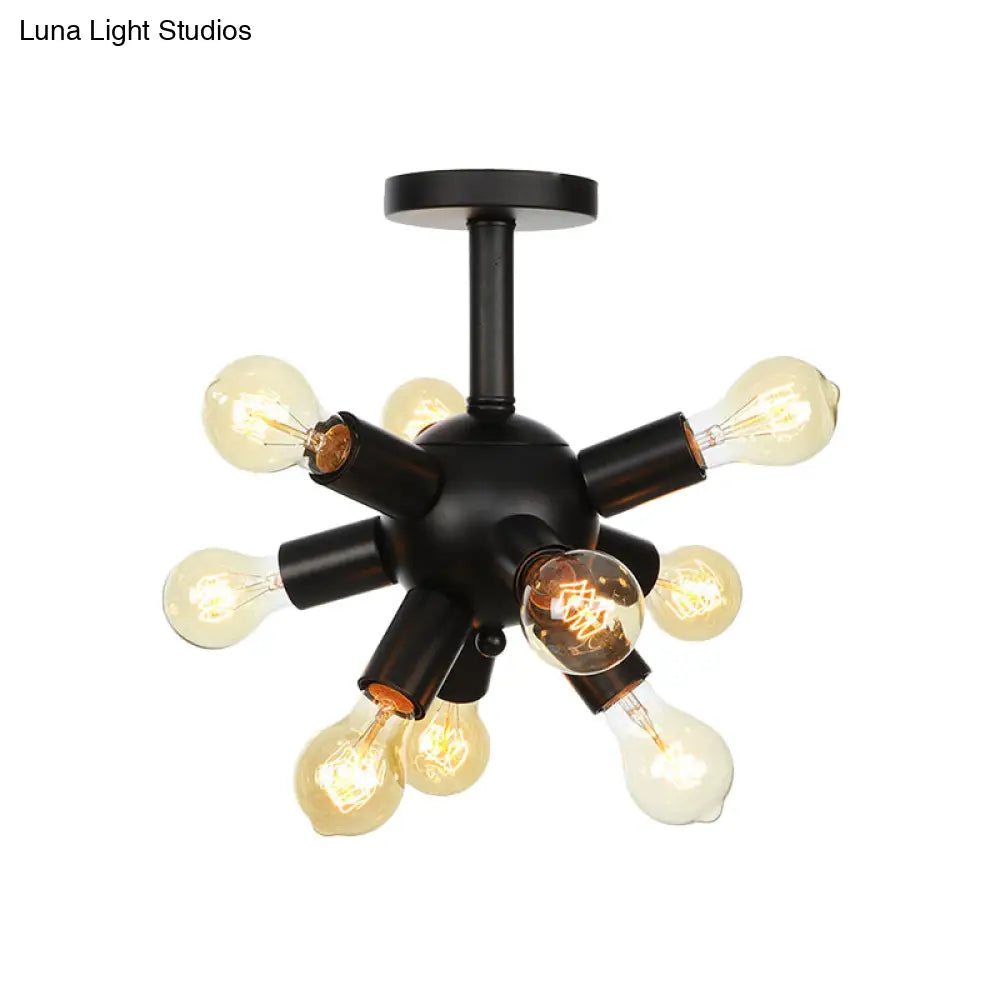 Industrial Metallic Sputnik Semi Flush Light Fixture - Stylish Black Coffee House Mount Lamp With