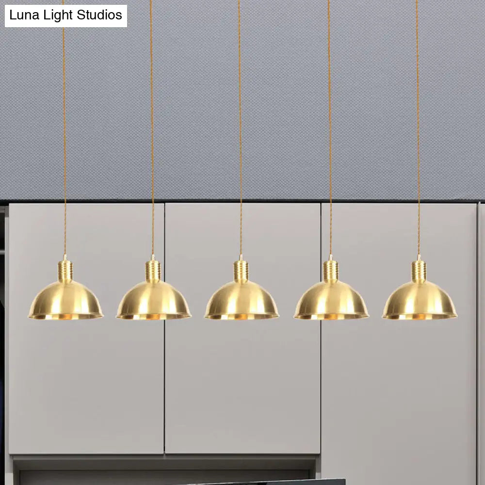 Industrial Restaurant Pendant Lamp With Gold Dome Metal Shade - 3/5/7-Light Tandem Multi Hanging