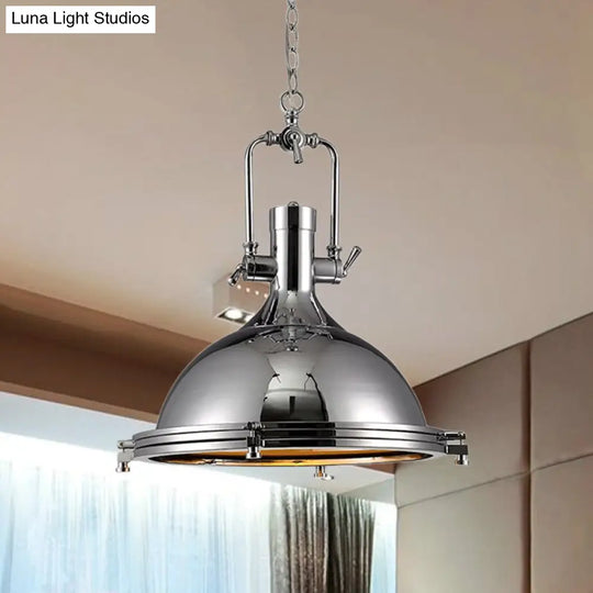 Industrial Nickel Finish Domed Pendant Light With Swivel Joint - Metallic 1-Bulb Kitchen Hanging