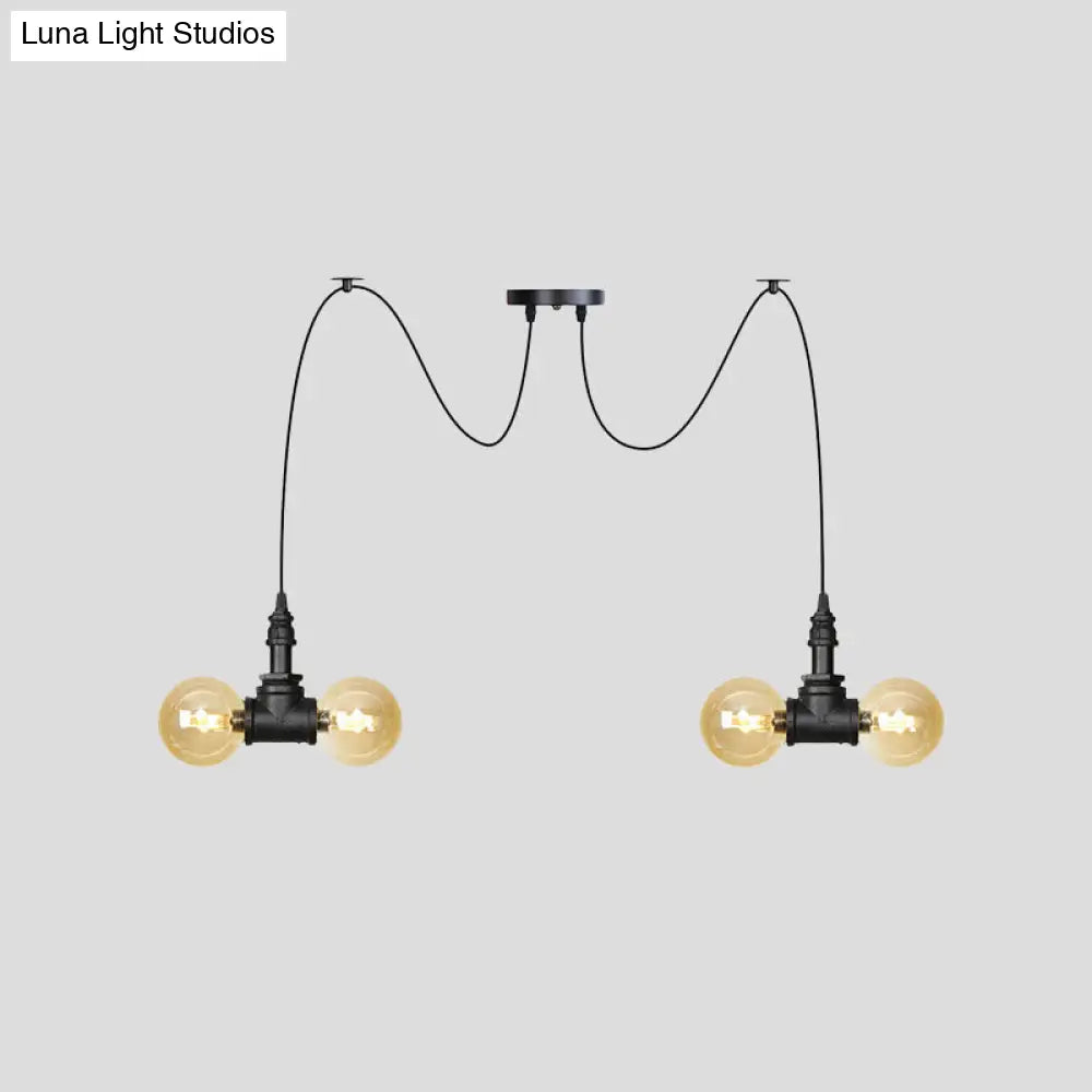 Industrial Orb Amber Glass Swag Pendant Lamp - 4/6/12 Bulbs Multi Hanging Light Fixture Black