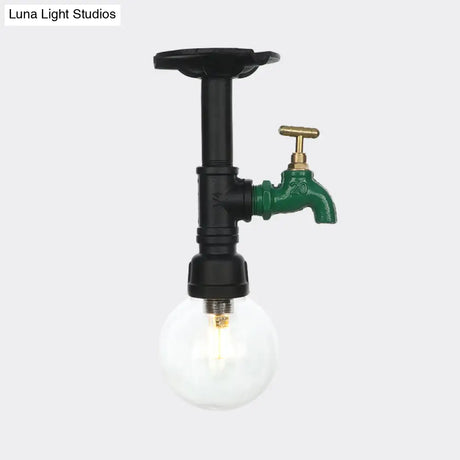 Industrial Orb Clear Glass Semi Flush Ceiling Fixture With 1 Bulb In Black