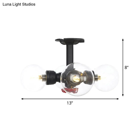 Industrial Orb Semi - Flush Clear Glass Led Lights In Black