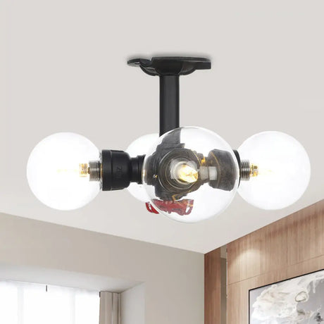 Industrial Orb Semi - Flush Clear Glass Led Lights In Black / D