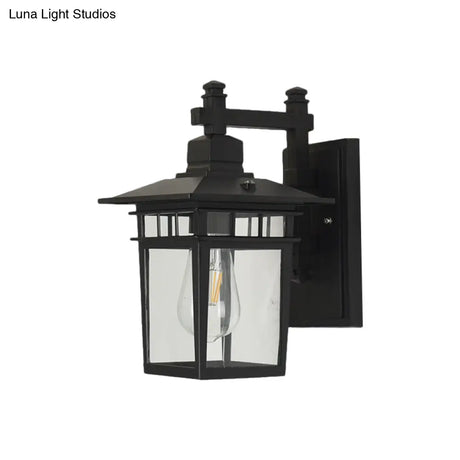 Industrial Outdoor Wall Lamp: Pavilion Clear Glass Mounted Light In Black - 1-Bulb