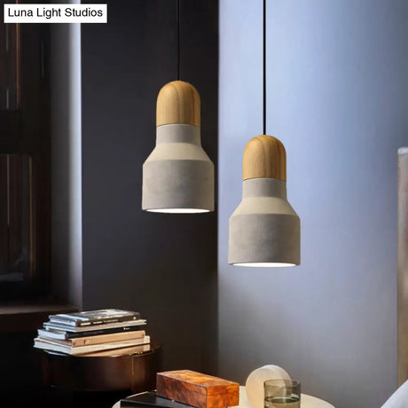 Industrial Pendant Lamp With Wood Top - Cement Grey Cone/Trapezoid/Can Shape 1-Head
