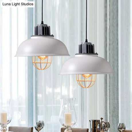 Industrial Pendant Light - White/Black Factory Iron Bowl Shape Ceiling Lamp With Wire Cage Frame