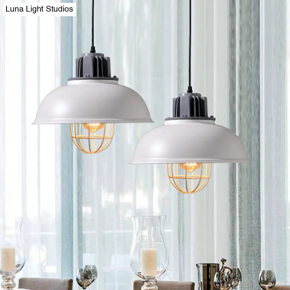 Industrial Pendant Light - White/Black Factory Iron Bowl Shape Ceiling Lamp With Wire Cage Frame