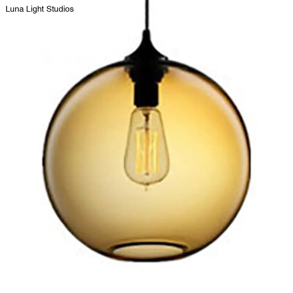 Industrial Globe Pendant Light - 8/10 Wide Grey/Red/Blue Glass Black Hanging Lamp Amber / 8