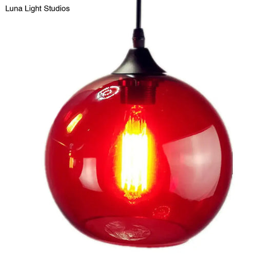 Industrial Globe Pendant Light - 8/10 Wide Grey/Red/Blue Glass Black Hanging Lamp Red / 8