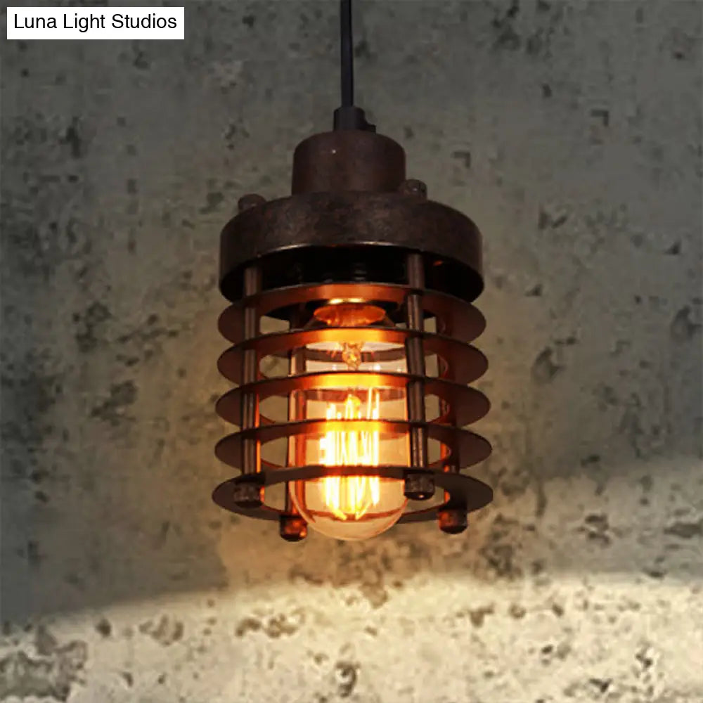 Industrial Pendant Light With Metallic Cage Shade - Matte Black/Rust Ideal For Table Lighting