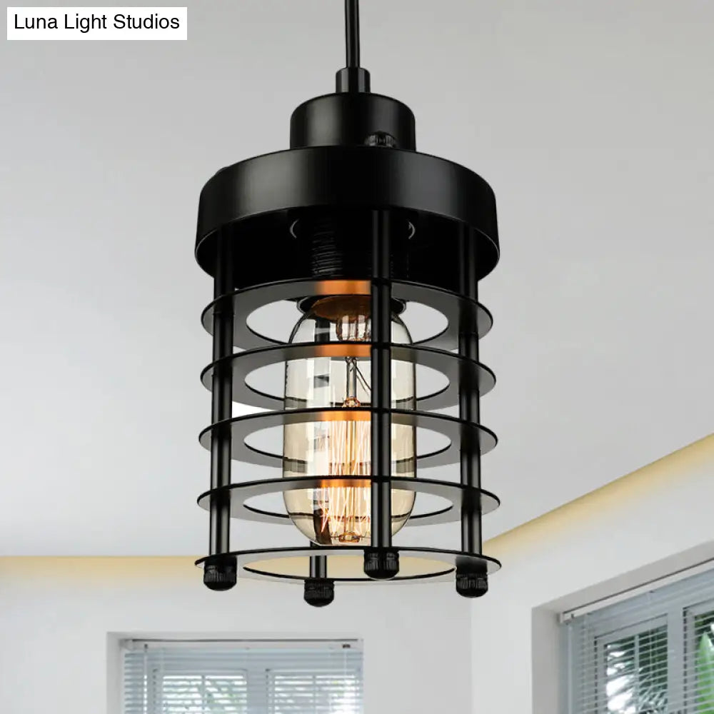 Industrial Cylinder Cage Pendant Light With Metallic Shade - Matte Black/Rust Finish Ideal For Table