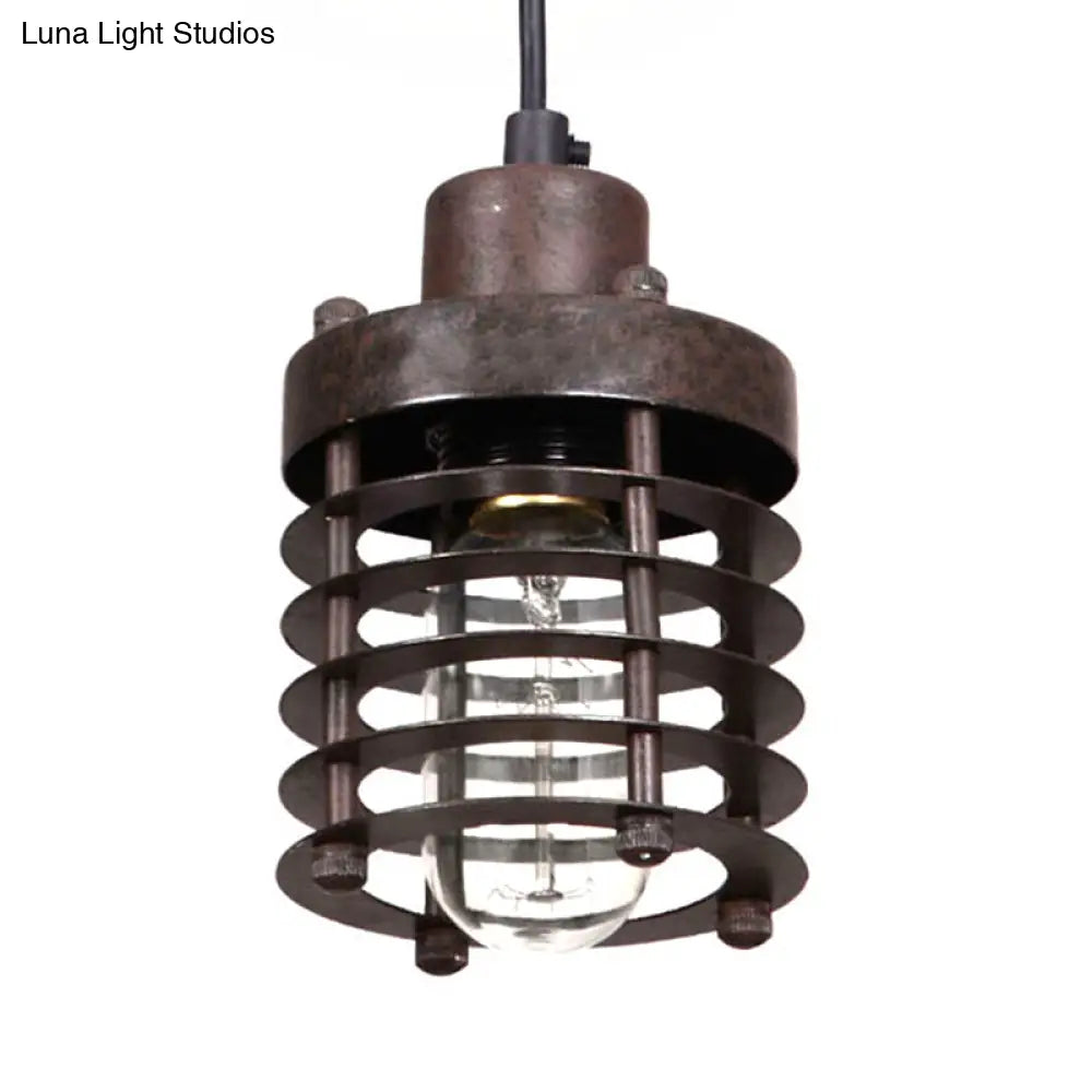 Industrial Pendant Light With Metallic Cage Shade - Matte Black/Rust Ideal For Table Lighting