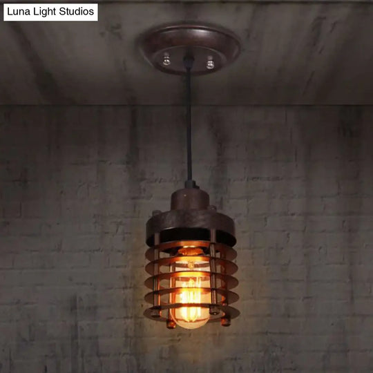 Industrial Cylinder Cage Pendant Light With Metallic Shade - Matte Black/Rust Finish Ideal For Table
