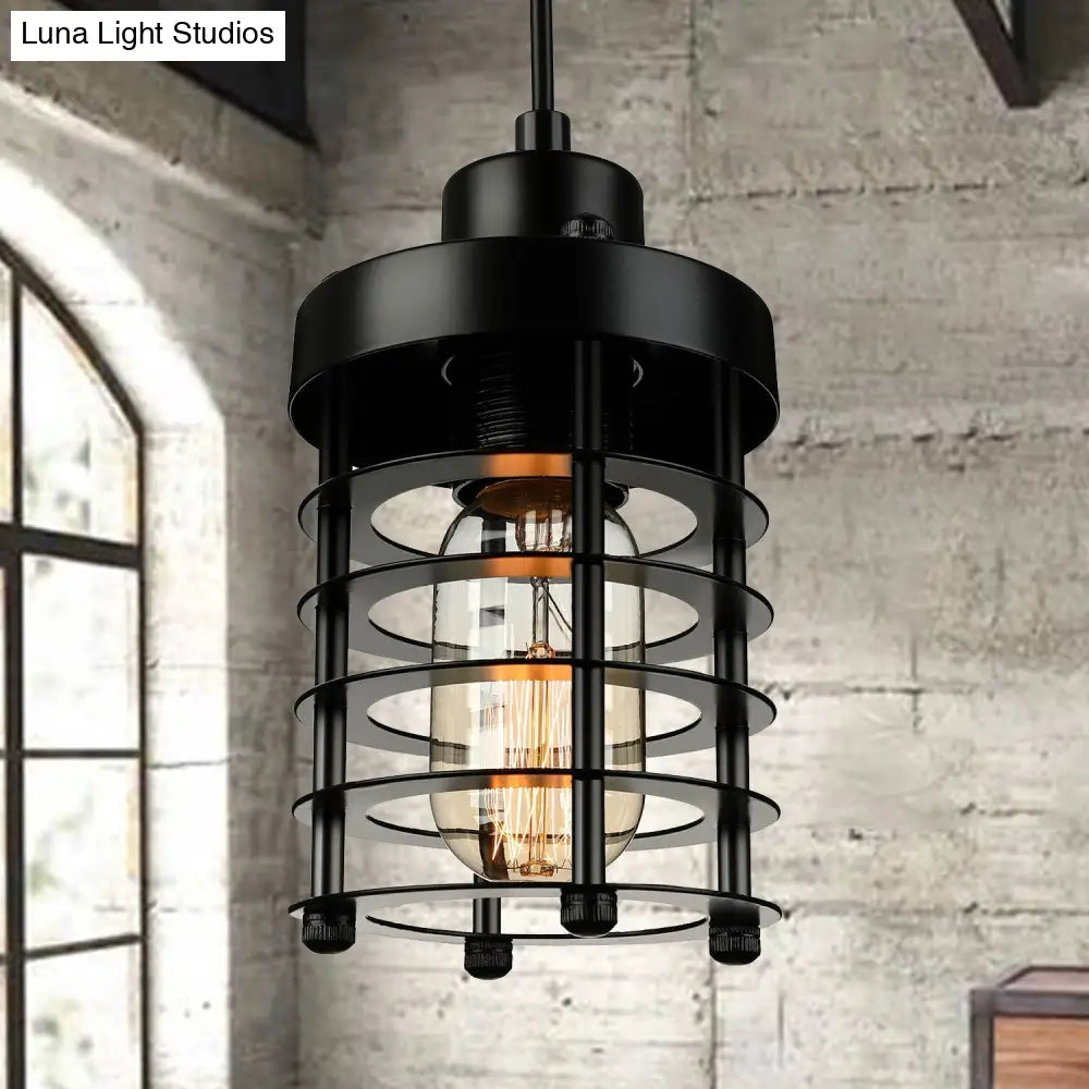 Industrial Cylinder Cage Pendant Light With Metallic Shade - Matte Black/Rust Finish Ideal For Table