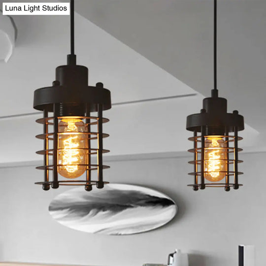 Industrial Cylinder Cage Pendant Light With Metallic Shade - Matte Black/Rust Finish Ideal For Table