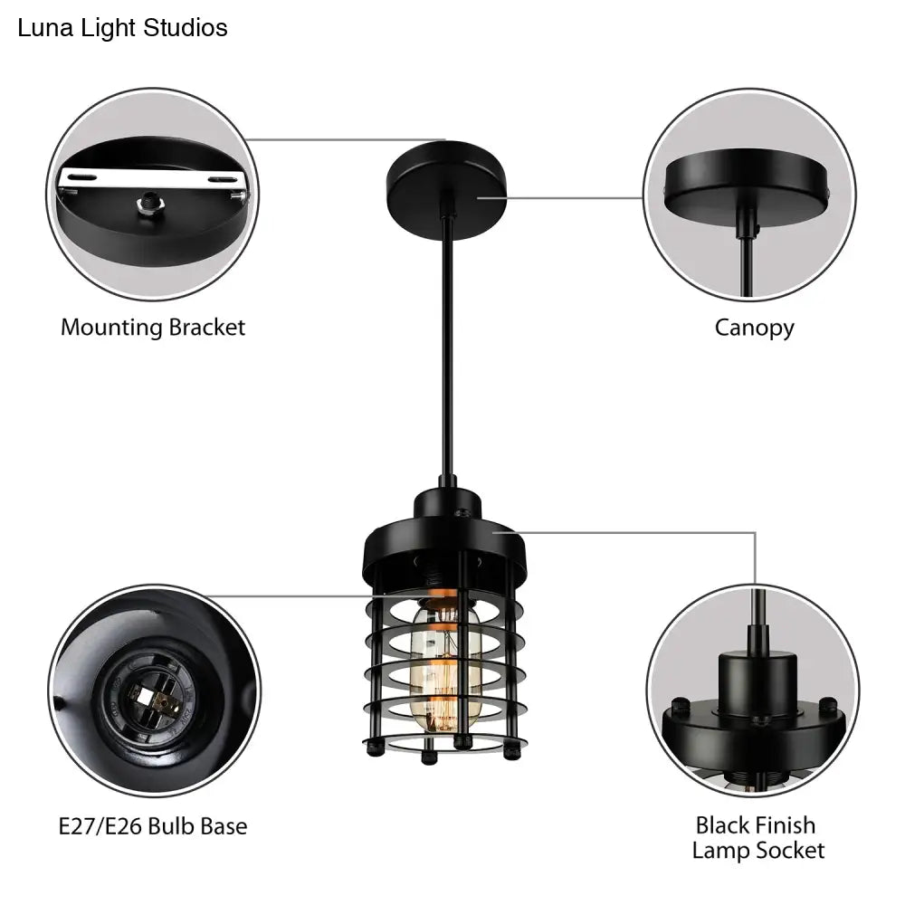 Industrial Pendant Light With Metallic Cage Shade - Matte Black/Rust Ideal For Table Lighting