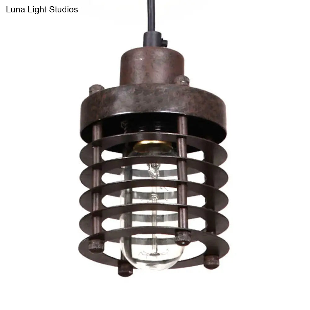 Industrial Cylinder Cage Pendant Light With Metallic Shade - Matte Black/Rust Finish Ideal For Table