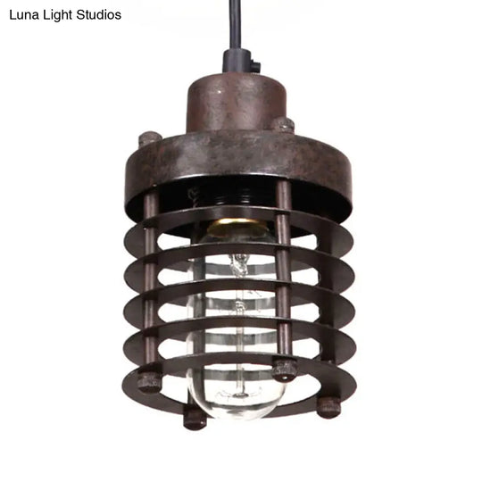 Industrial Cylinder Cage Pendant Light With Metallic Shade - Matte Black/Rust Finish Ideal For Table