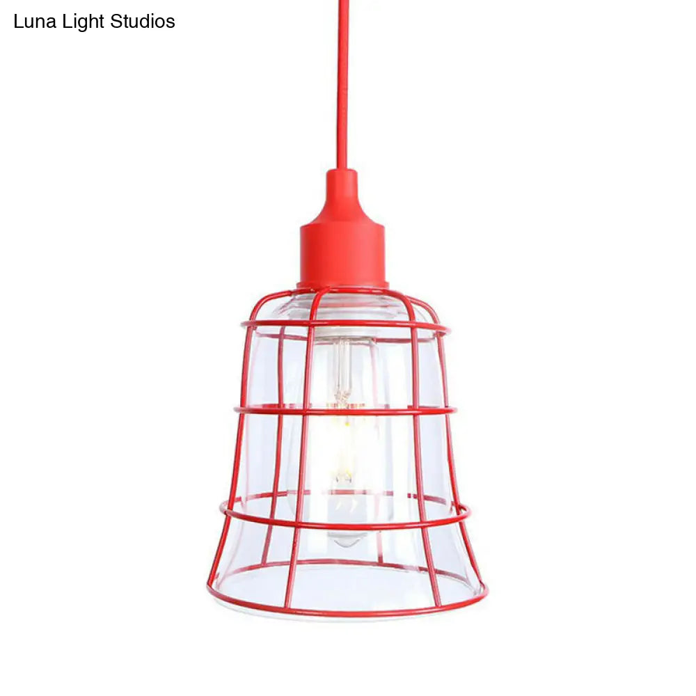 Iron Hanging Lamp Kit - Red Industrial Tapered/Cage/Wide Flared Pendant Light For Living Room