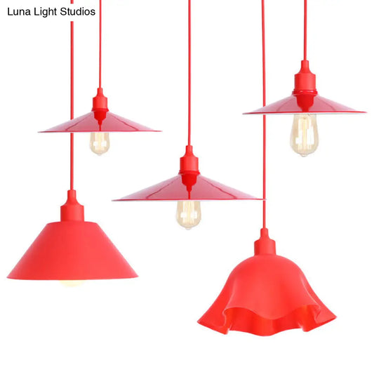 Iron Hanging Lamp Kit - Red Industrial Tapered/Cage/Wide Flared Pendant Light For Living Room