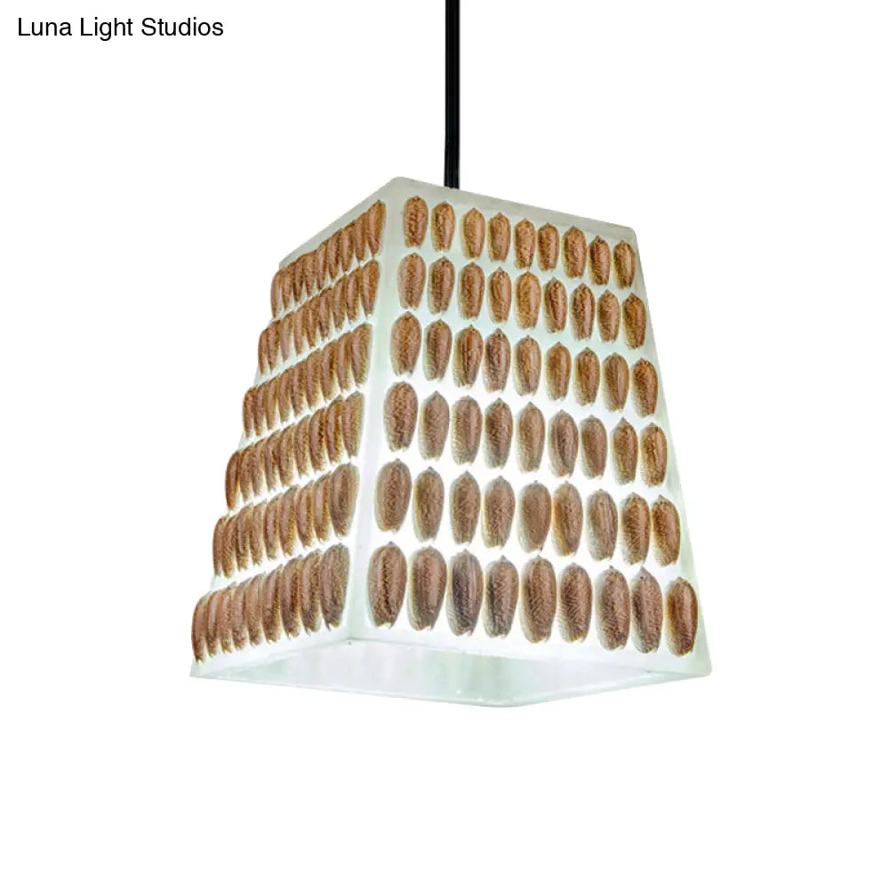 Industrial Resin Trapezoid Pendant Lamp - Brown 1-Head Hanging Light Kit With Conch Deco