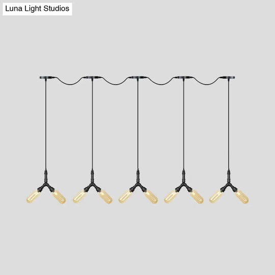 Industrial Restaurant Ceiling Light With Multi Bulbs: Tandem Pendant Lamp In Black Colored Glass