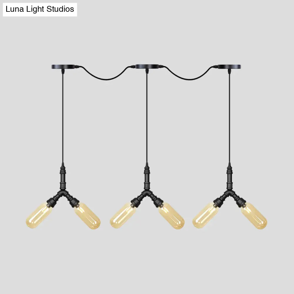 Industrial Restaurant Ceiling Light With Multi Bulbs: Tandem Pendant Lamp In Black Colored Glass