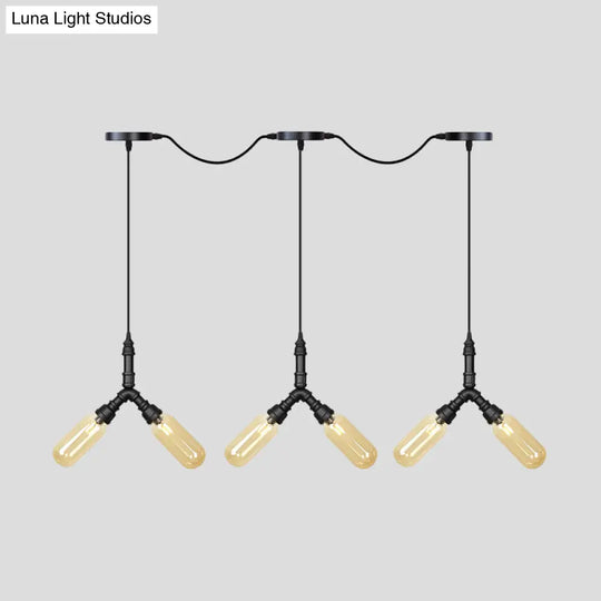 Industrial Restaurant Ceiling Light With Multi Bulbs: Tandem Pendant Lamp In Black Colored Glass