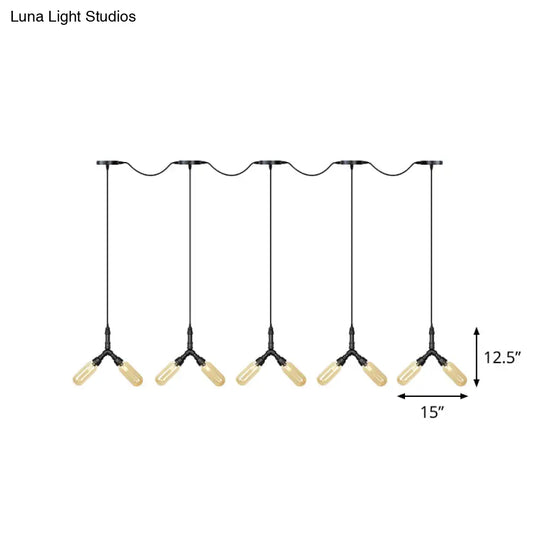 Industrial Restaurant Ceiling Light With Multi Bulbs: Tandem Pendant Lamp In Black Colored Glass