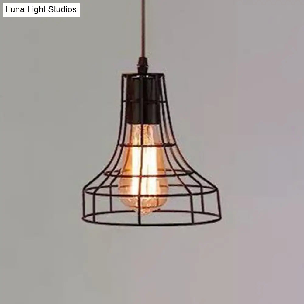 Industrial Retro Hanging Pendant Light Fixture With Caged Design For Bars - Single Metallic Black /